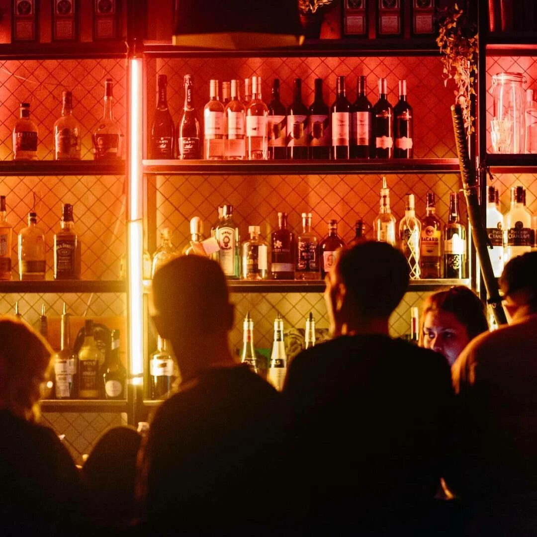 a bar lit up
