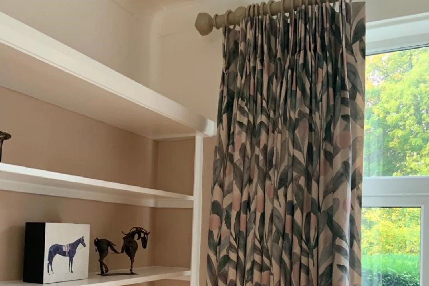 Pencil pleat curtains with shelves