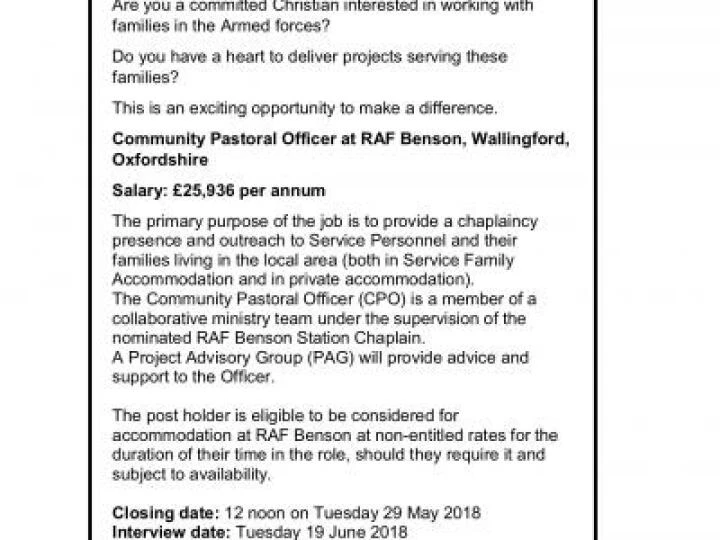 180509 RAF Benson Community Pastoral Officer Advert