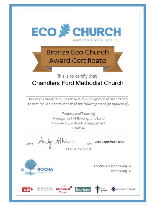 chandlers ford methodist church bronze eco church award certificate