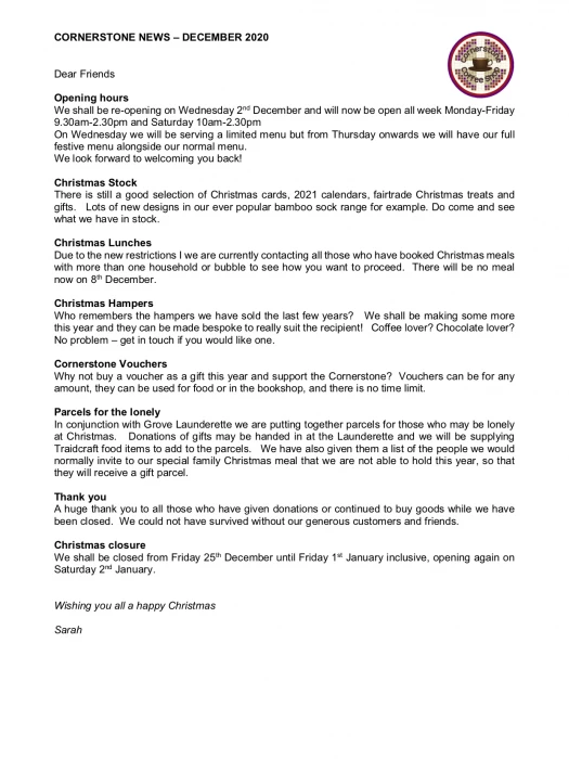 cornerstone friends newsletter december 2020