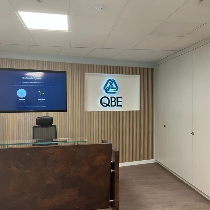 facing the refurbished reception area at the leeds qbe offices