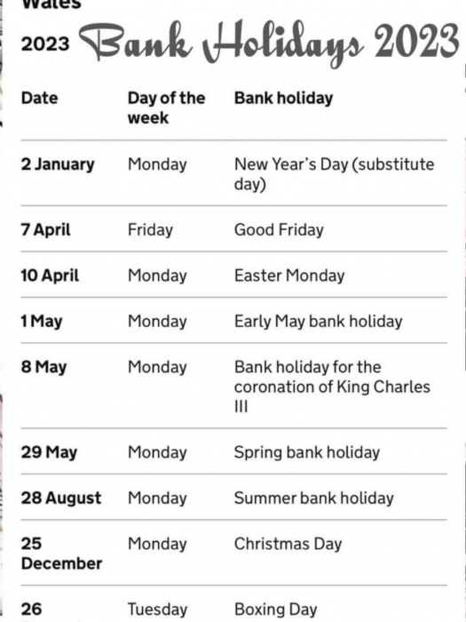 Tattenhall Online - - Reminder of Bank Holidays 2023