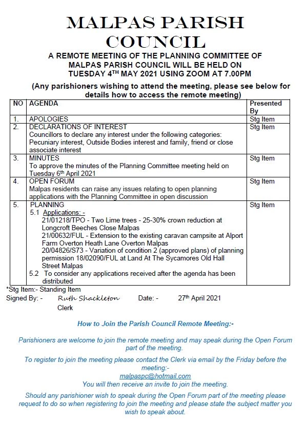 planning committee agenda 4th may