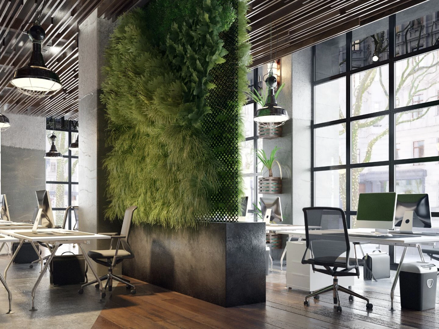 restaurant or caf interior with greenery wall